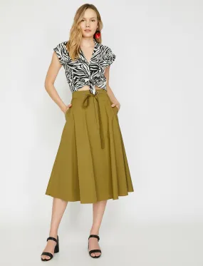 11827 Khaki Waist Detailed Midi Skirt