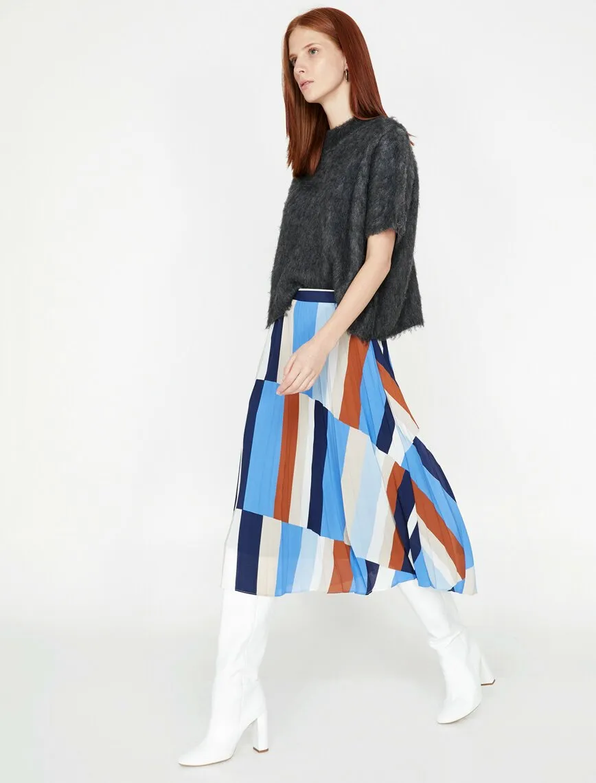 12188 Blue Colour Block Midi Skirt