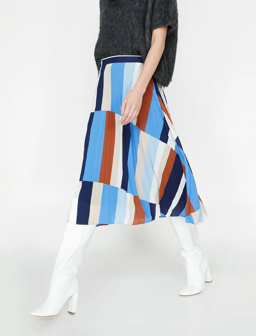 12188 Blue Colour Block Midi Skirt