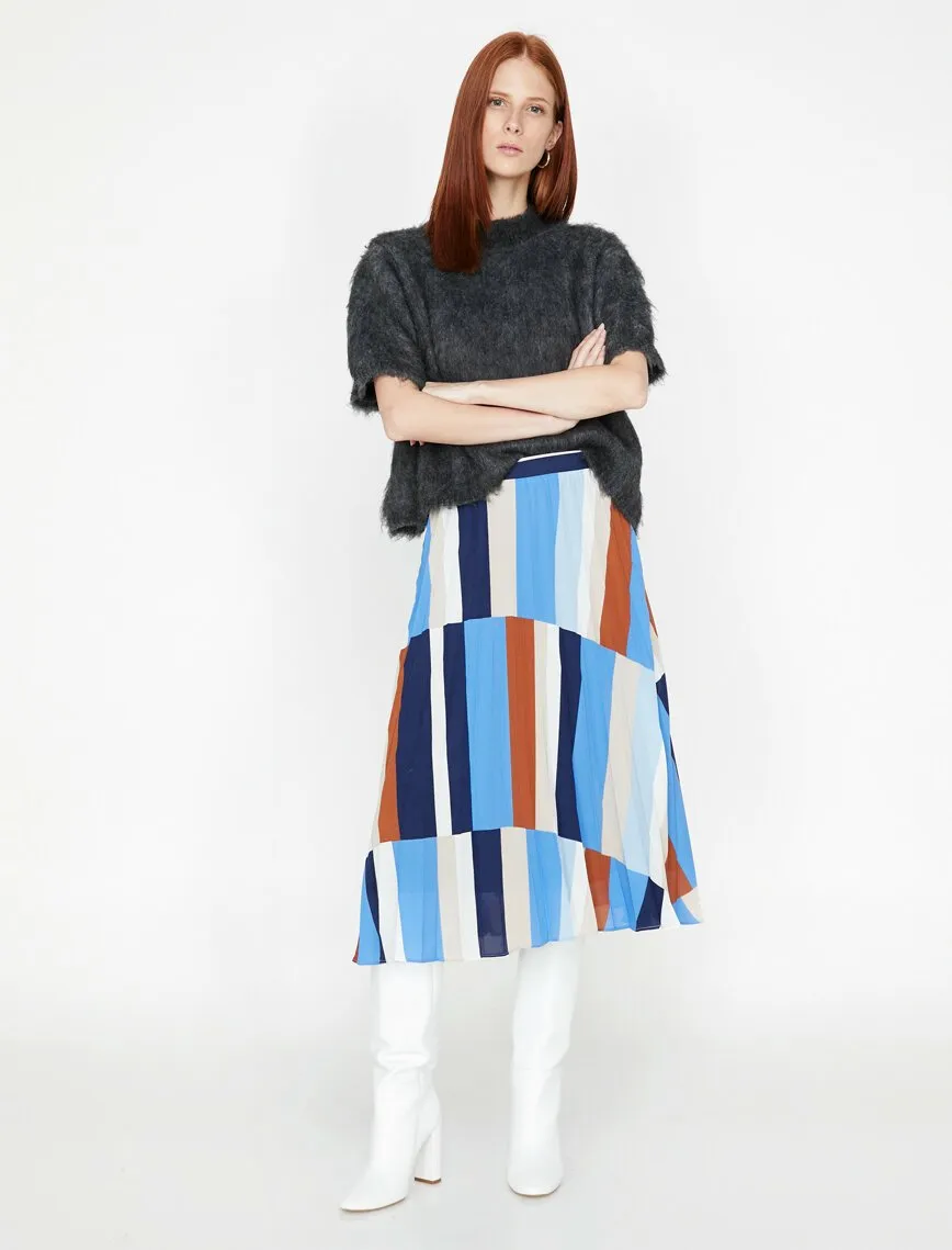 12188 Blue Colour Block Midi Skirt