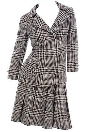 1960s Modelia Vintage Black White Houndstooth Wool 2 Pc Skirt Suit