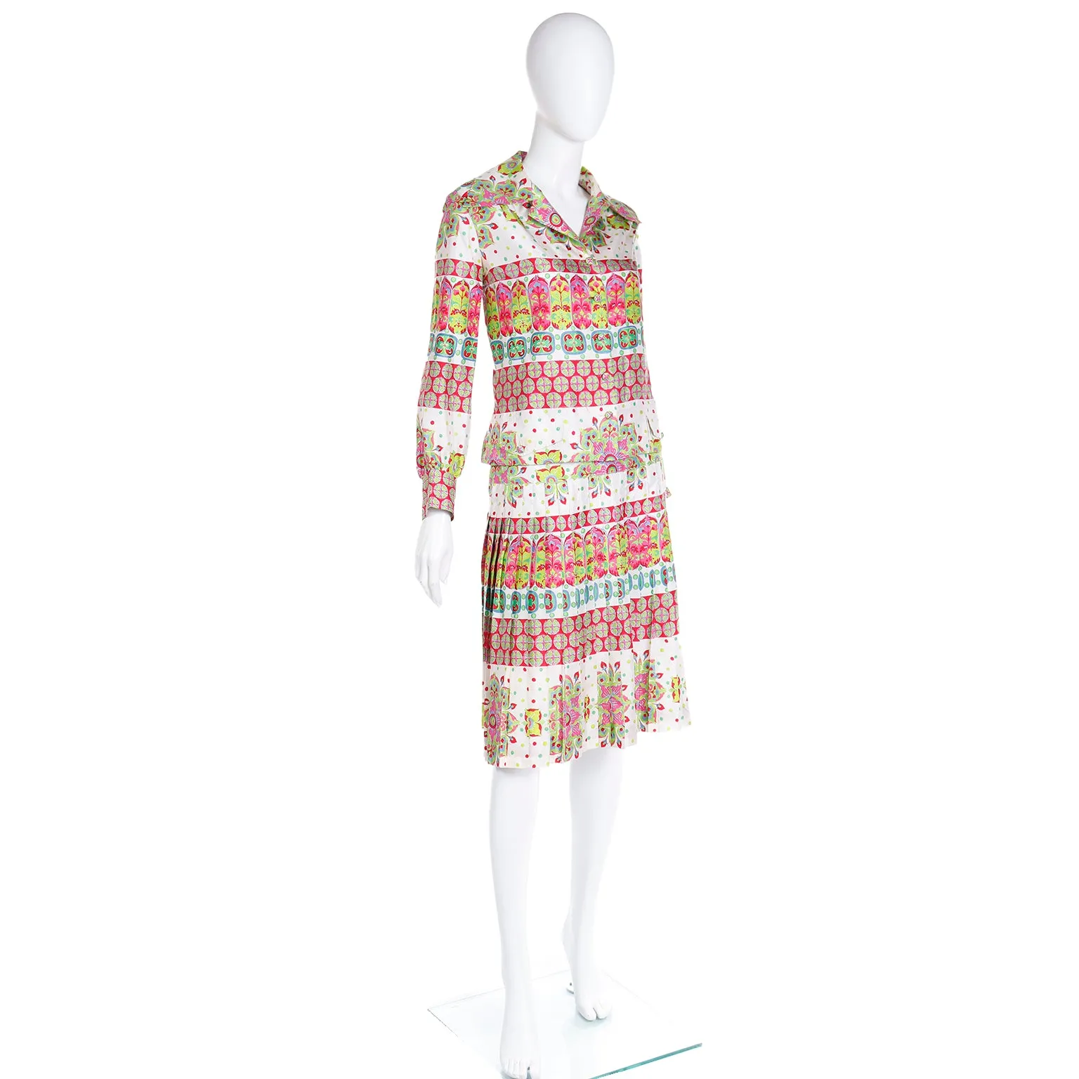 1970s Boutique Balmain Paris Colorful 2pc Thai Silk Skirt & Top Outfit