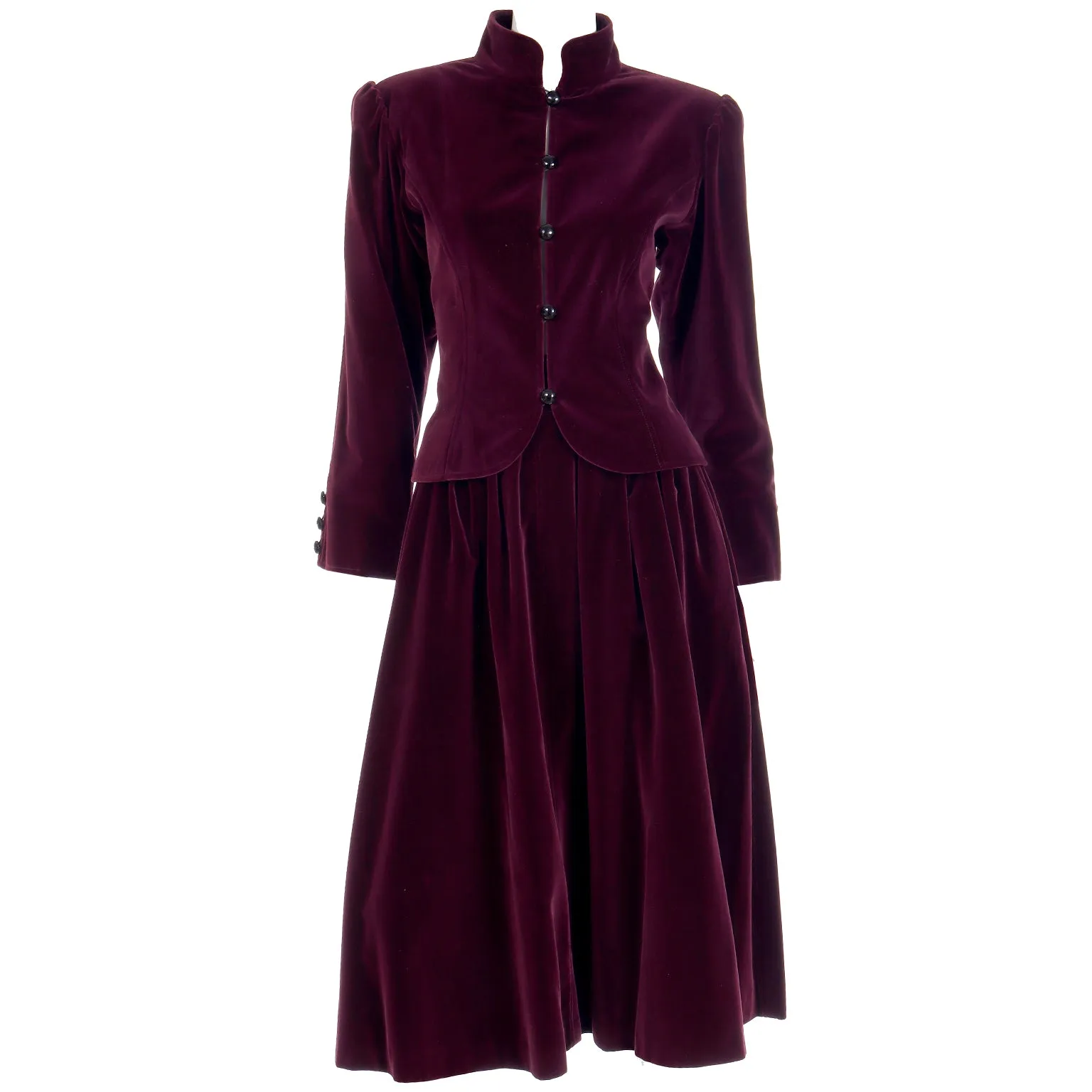 1980s YSL Russian Inspired Wine Burgundy Velvet Suit Outfit w/ Skirt & Jacket