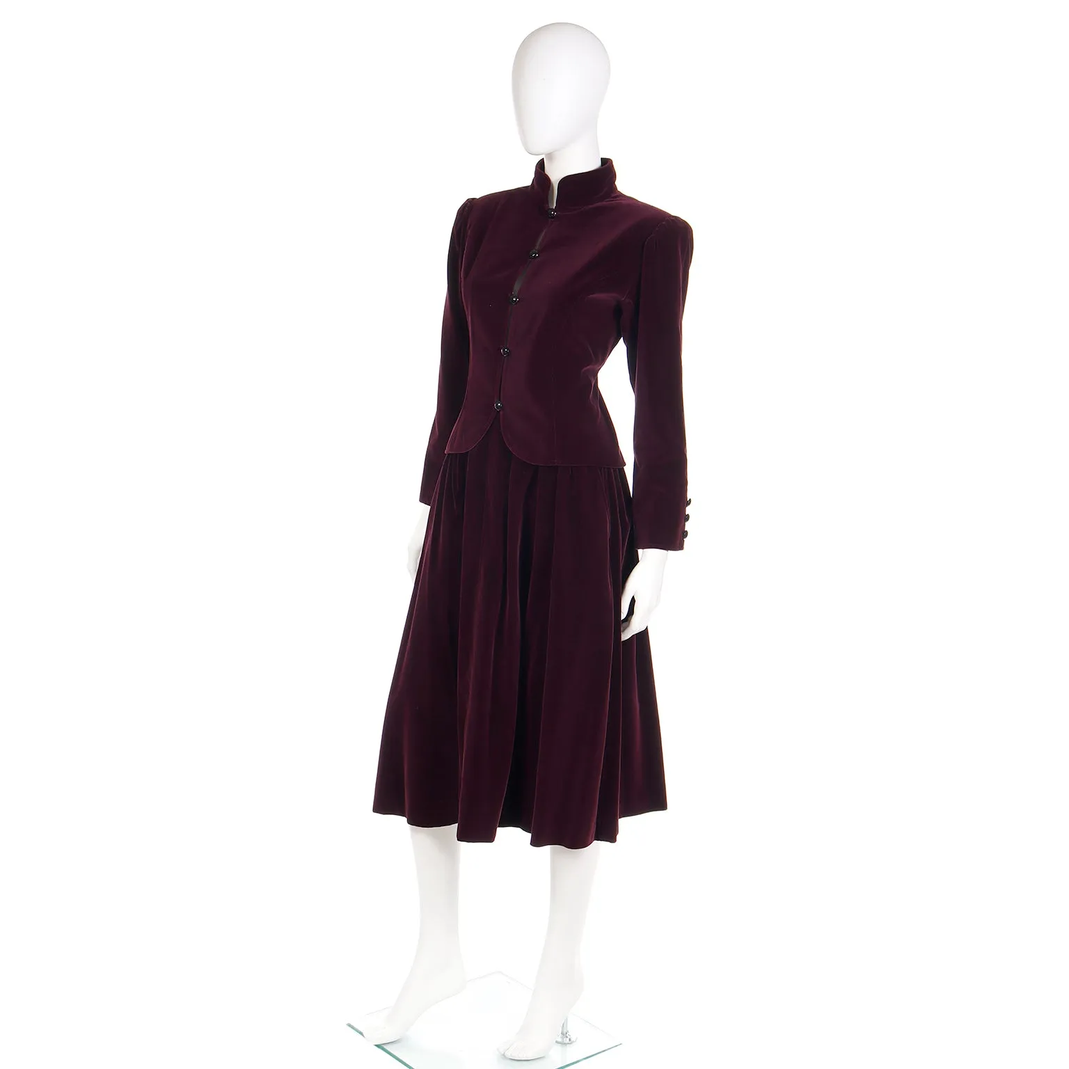 1980s YSL Russian Inspired Wine Burgundy Velvet Suit Outfit w/ Skirt & Jacket