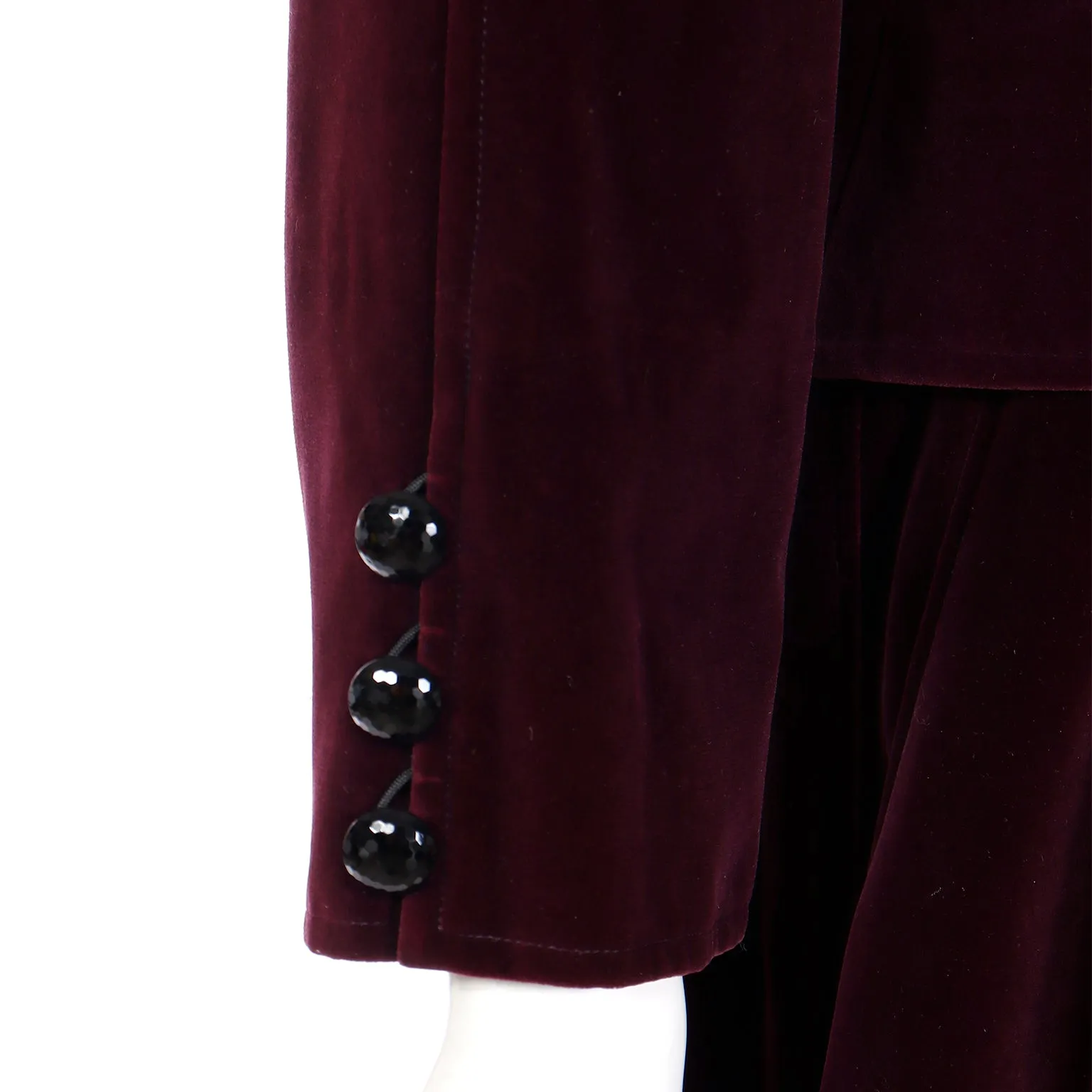 1980s YSL Russian Inspired Wine Burgundy Velvet Suit Outfit w/ Skirt & Jacket