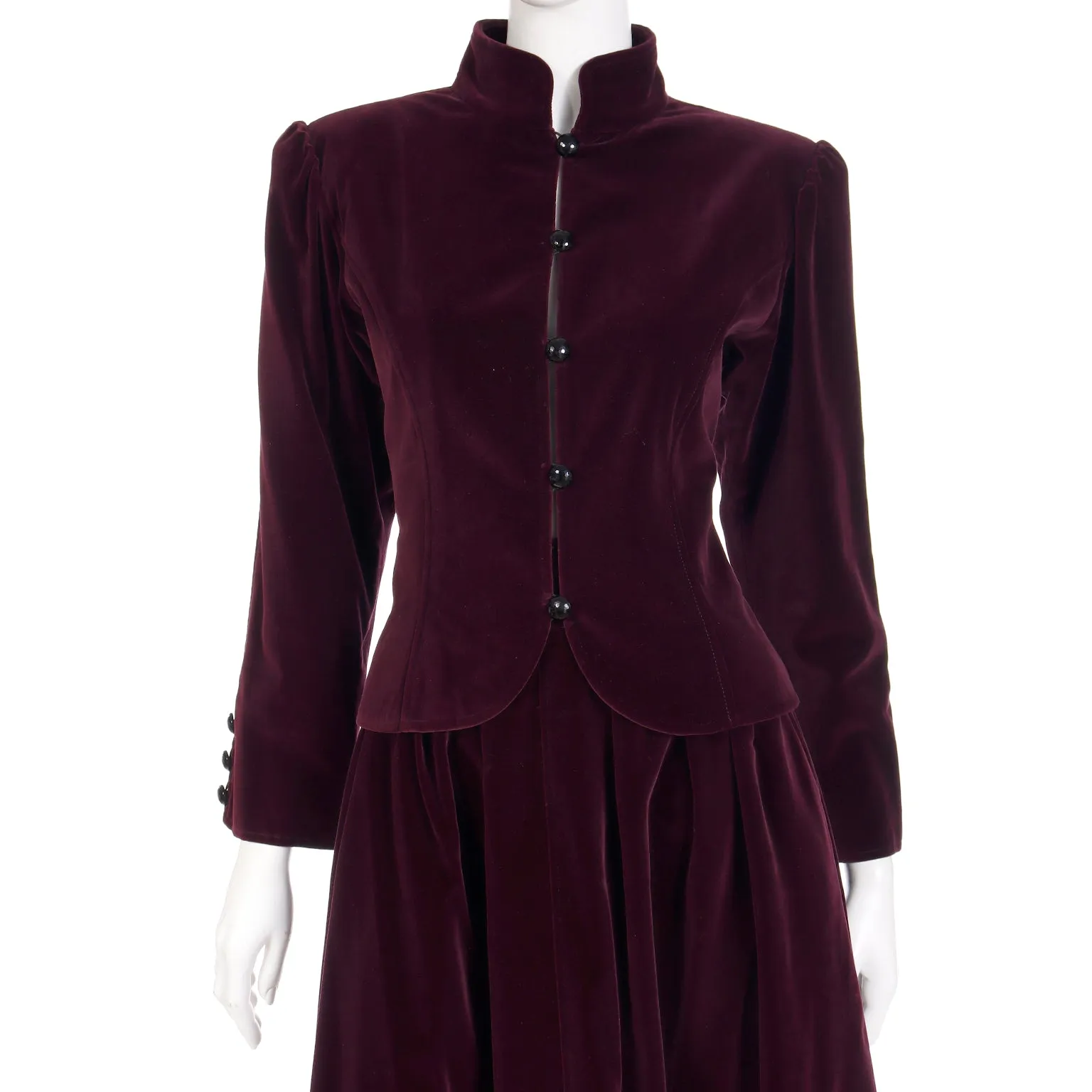 1980s YSL Russian Inspired Wine Burgundy Velvet Suit Outfit w/ Skirt & Jacket