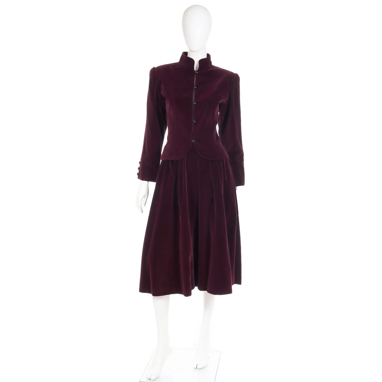 1980s YSL Russian Inspired Wine Burgundy Velvet Suit Outfit w/ Skirt & Jacket