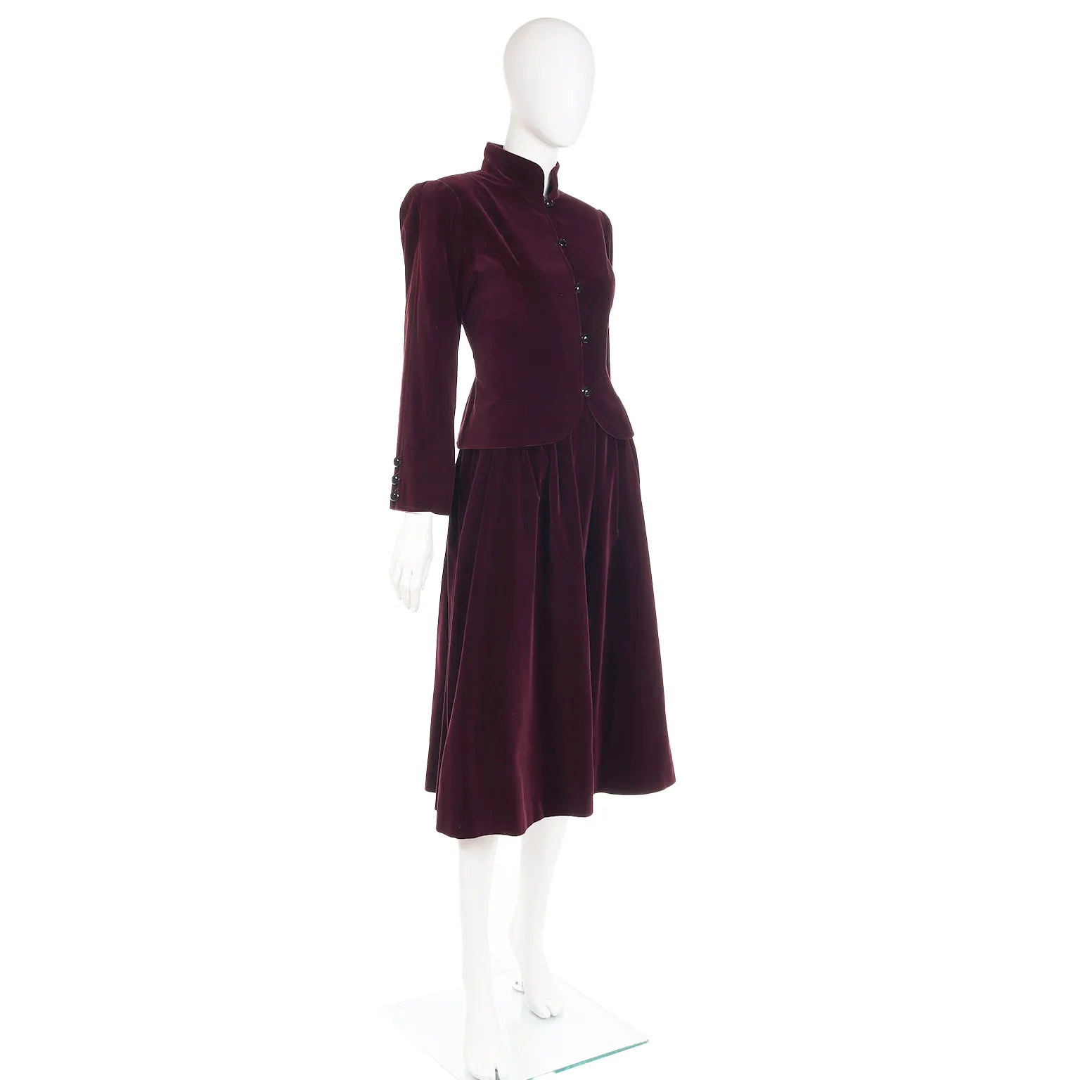 1980s YSL Russian Inspired Wine Burgundy Velvet Suit Outfit w/ Skirt & Jacket