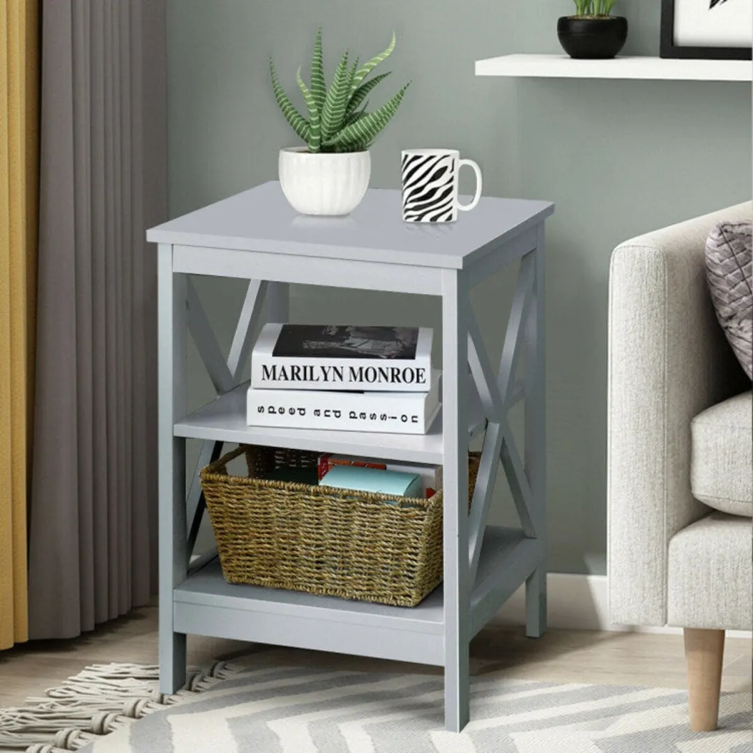 3-Tier Nightstand End Table with X Design Storage