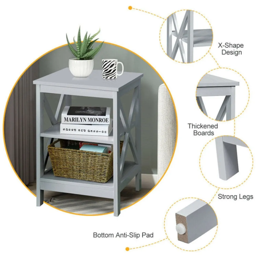 3-Tier Nightstand End Table with X Design Storage