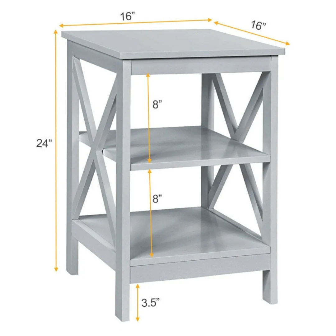 3-Tier Nightstand End Table with X Design Storage