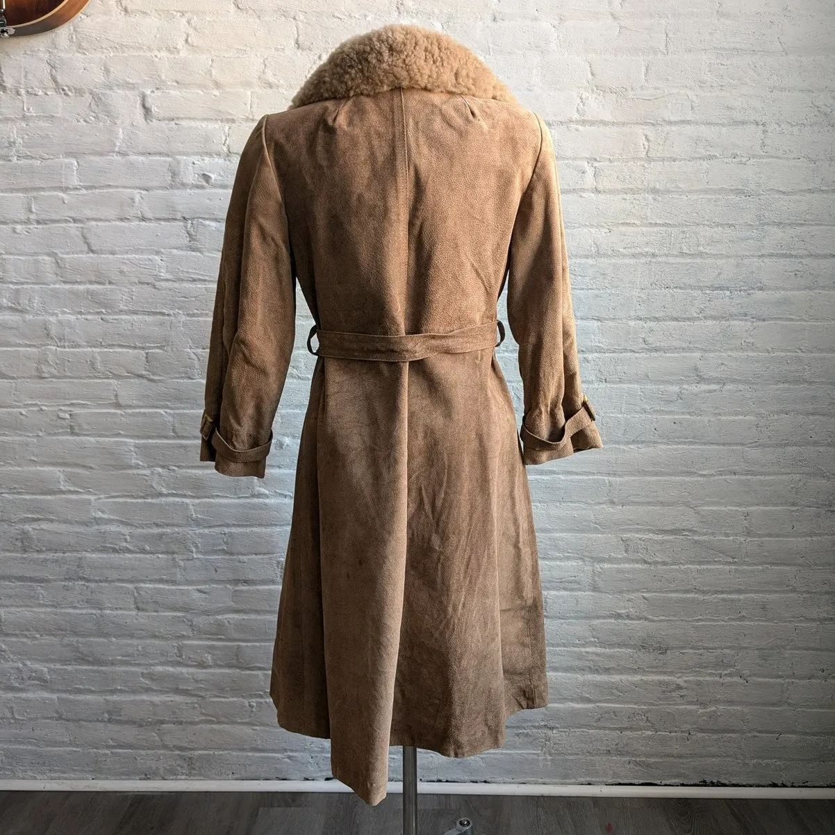 70s Vintage Penny Lane Tan Suede Fur Trench Coat Genuine Leather Groovy Duster