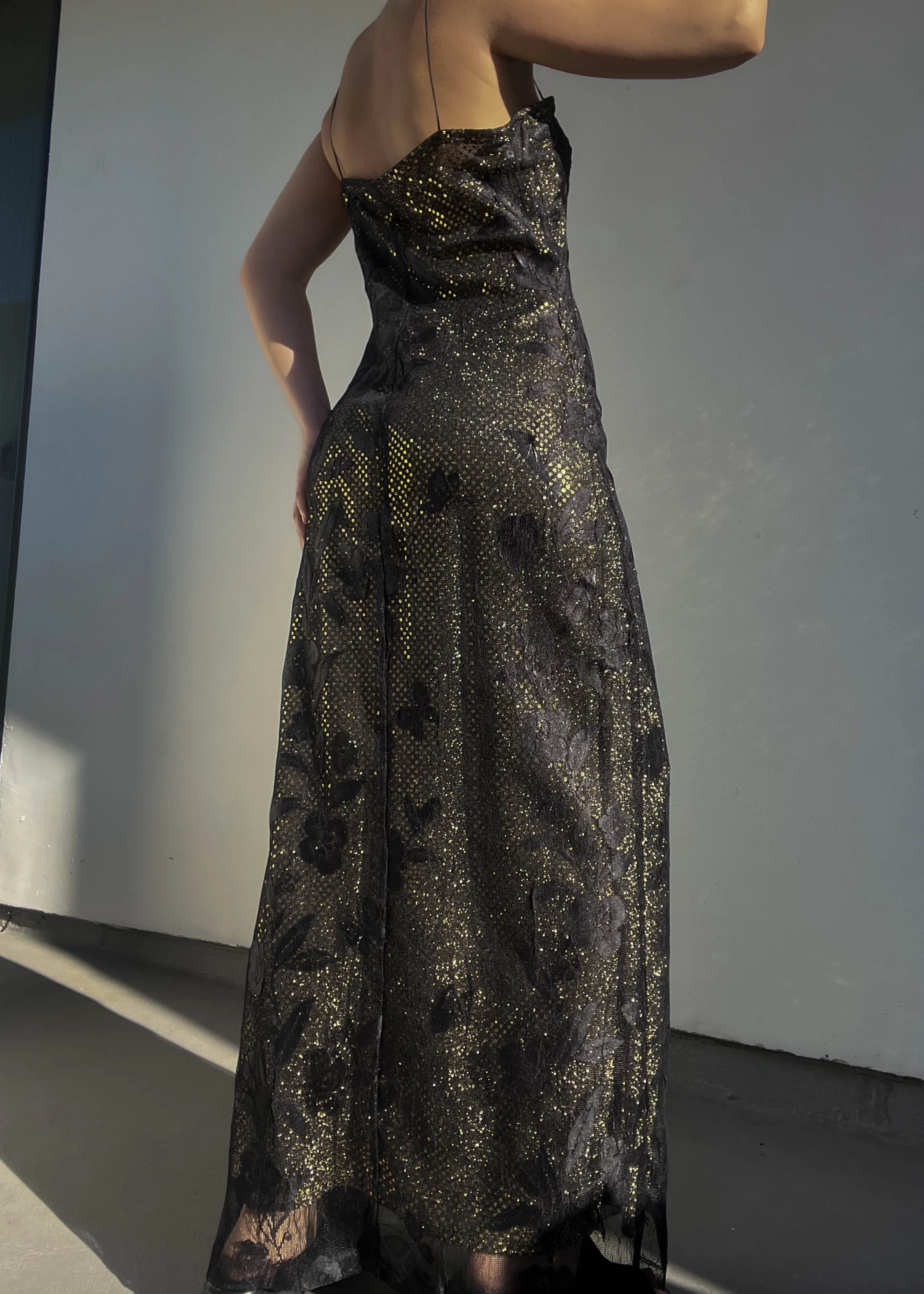 90’s Gold Shimmer & Black Lace Maxi (M)