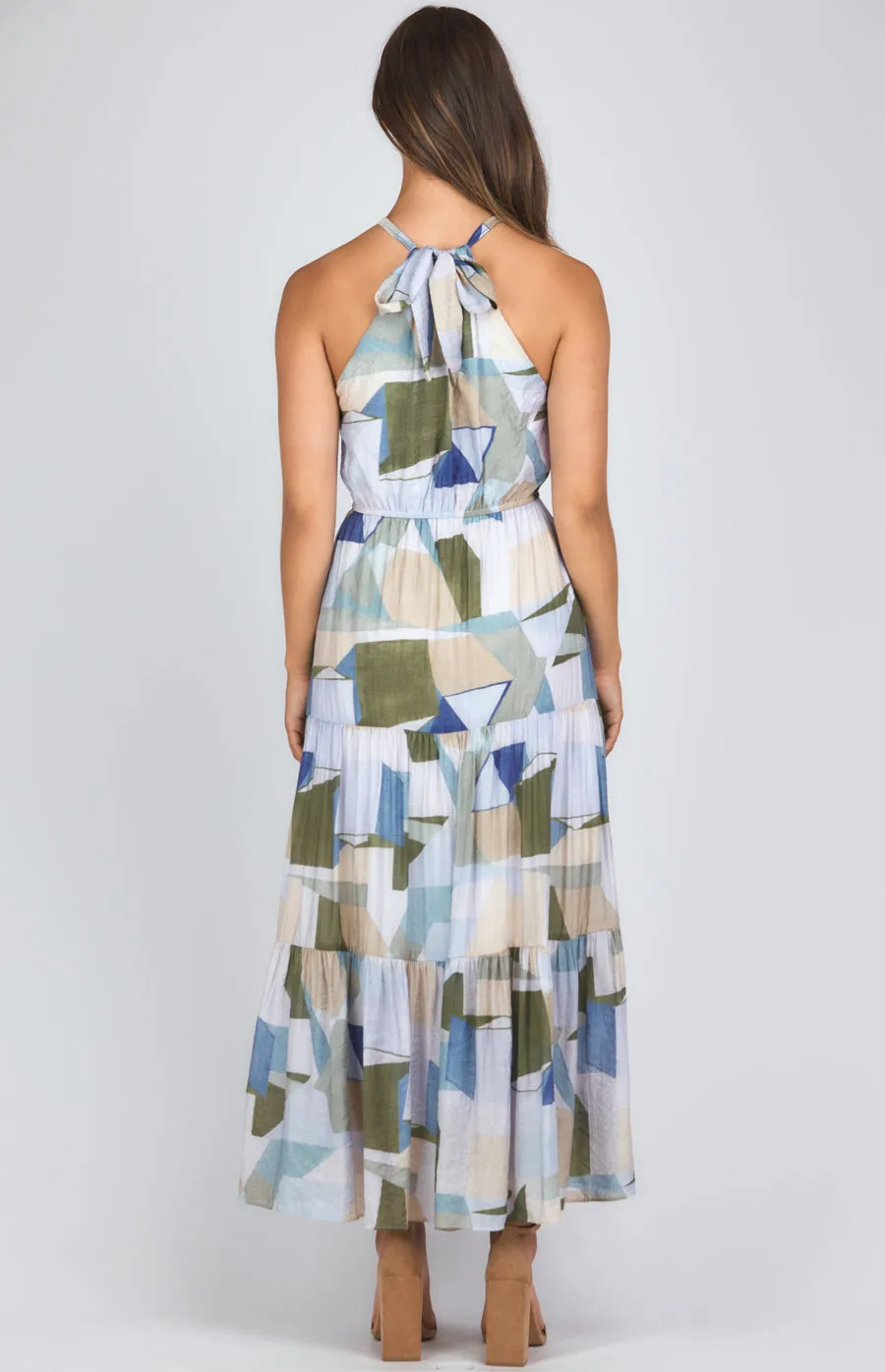 Abstract Printed Halter Neck Tiered Maxi Dress