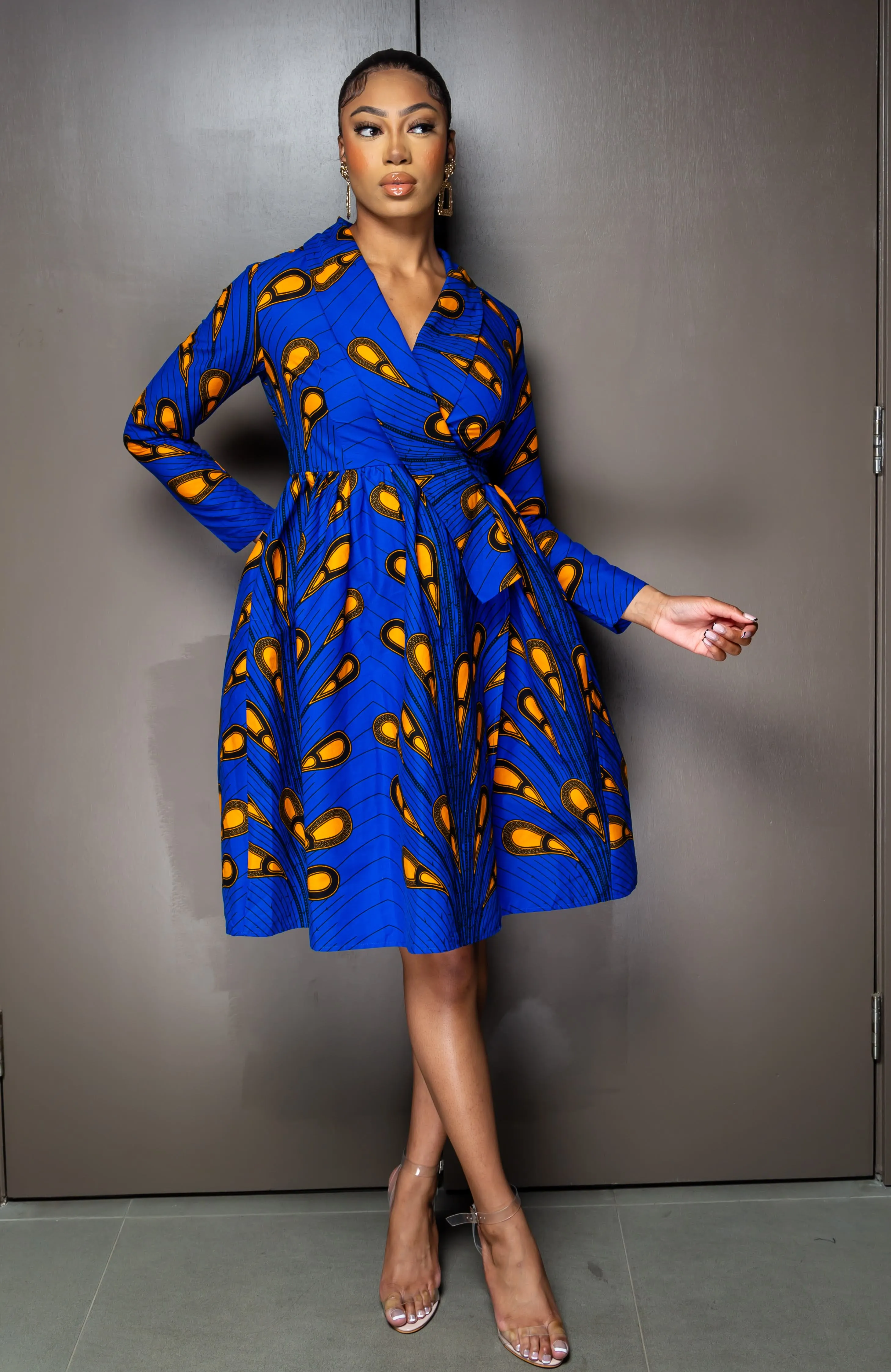 African Print Fit and Flare Shawl Collar Wrap Dress - ELLA