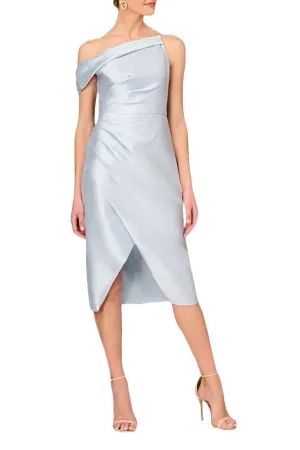 Aidan Mattox one shoulder asymmetrical pleated side zipper closure wrap skirt mikado dress