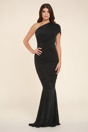 ALICIA BLACK AND SILVER SHIMMER ONE SHOULDER FISHTAIL MAXI DRESS