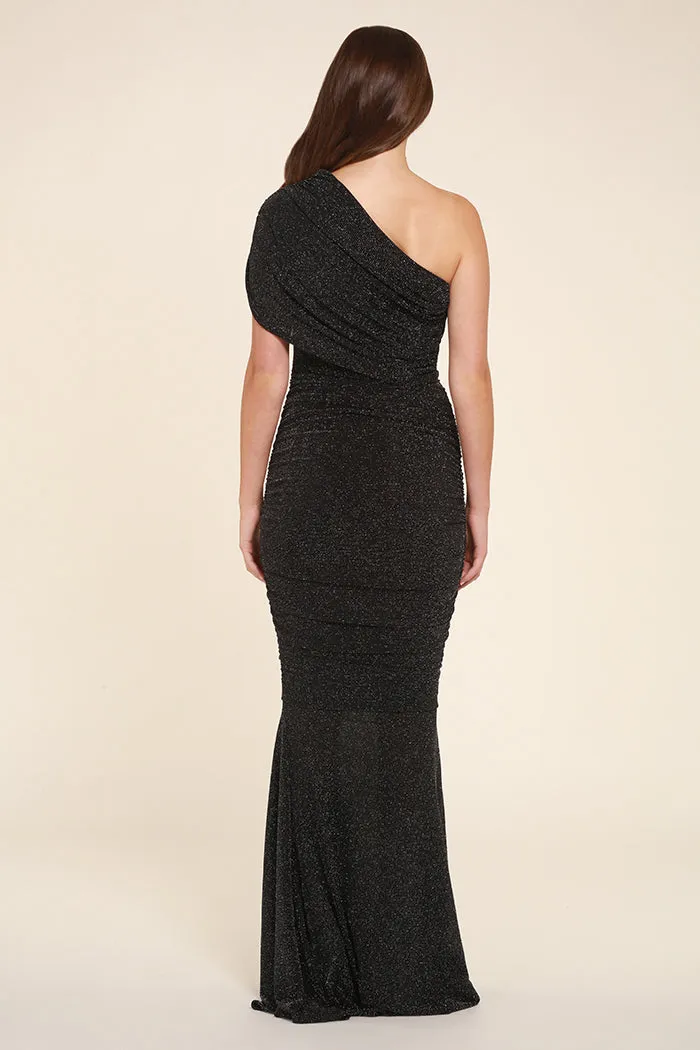 ALICIA BLACK AND SILVER SHIMMER ONE SHOULDER FISHTAIL MAXI DRESS