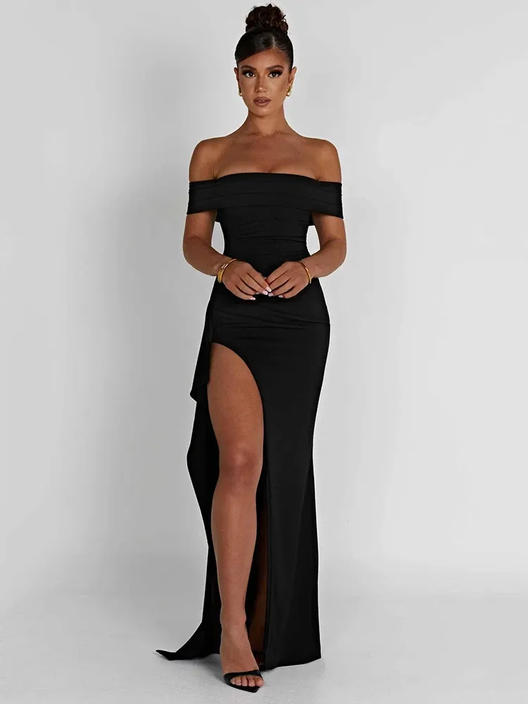 Amozae Elegant Off-shoulder High Split Maxi Dress Women Fashion Strapless Sleeveless Backless Bodycon Club Party Sexy Dress