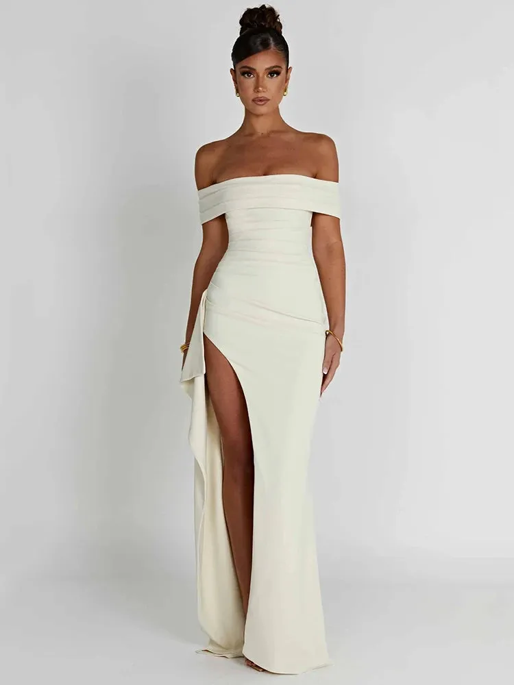 Amozae Elegant Off-shoulder High Split Maxi Dress Women Fashion Strapless Sleeveless Backless Bodycon Club Party Sexy Dress