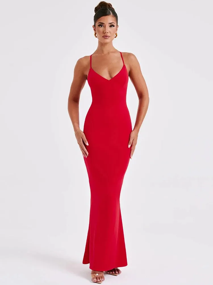 Amozae Spaghetti Strap Backless Sexy Maxi Dress For Women Fashion Summer New Sleeveless Bodycon Club Party Long Dress Elegant