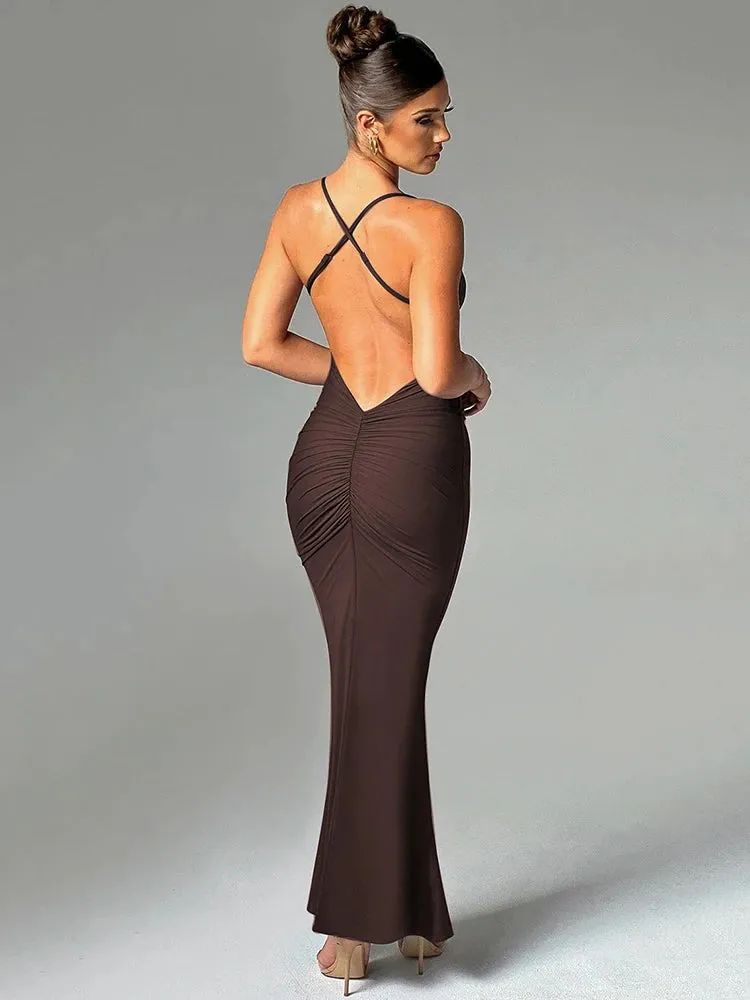 Amozae Spaghetti Strap Backless Sexy Maxi Dress For Women Fashion Summer New Sleeveless Bodycon Club Party Long Dress Elegant