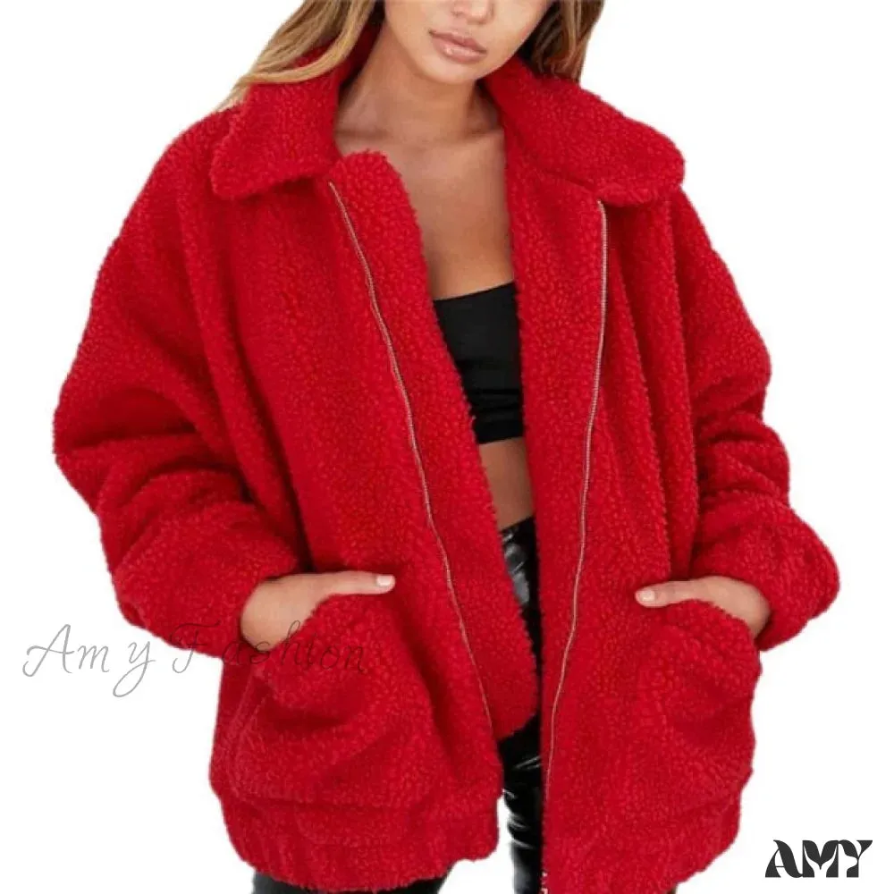 Amy Fashion - Soft Fur Plush Pocket Plus Size Teddy Coat