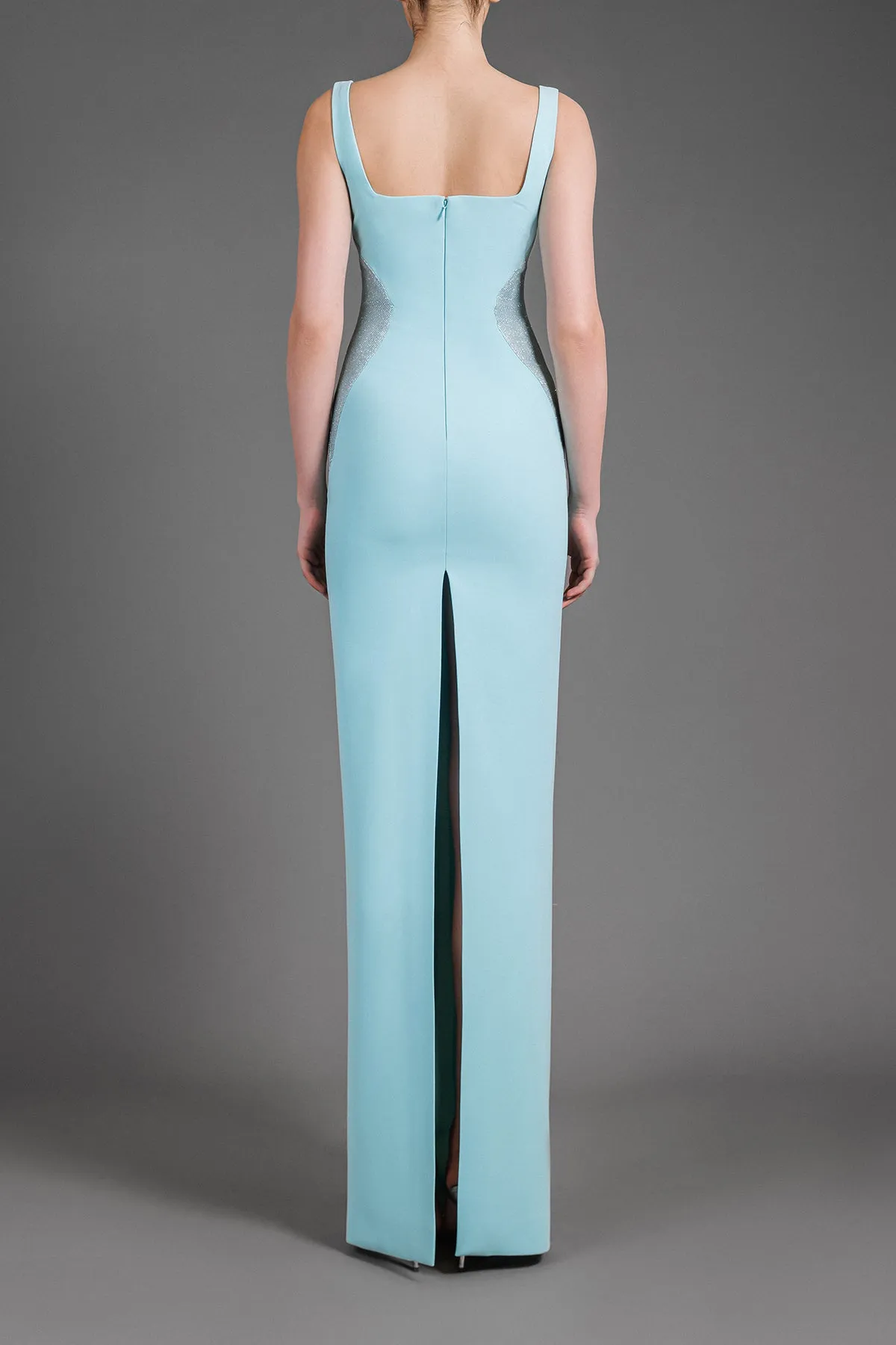 Aqua green crêpe dress with shimmery optical illusion detailing