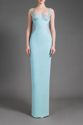 Aqua green crêpe dress with shimmery optical illusion detailing