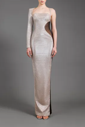 Asymmetrical lurex silver dress with optical illusion tulle detailing