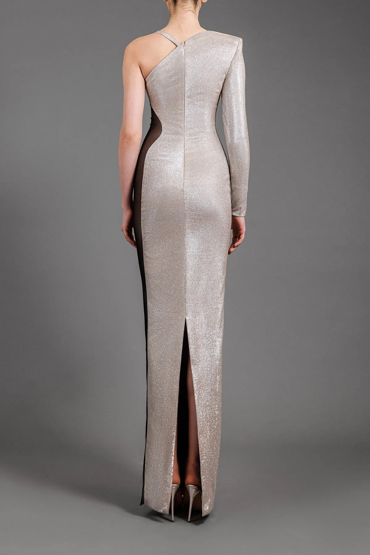 Asymmetrical lurex silver dress with optical illusion tulle detailing