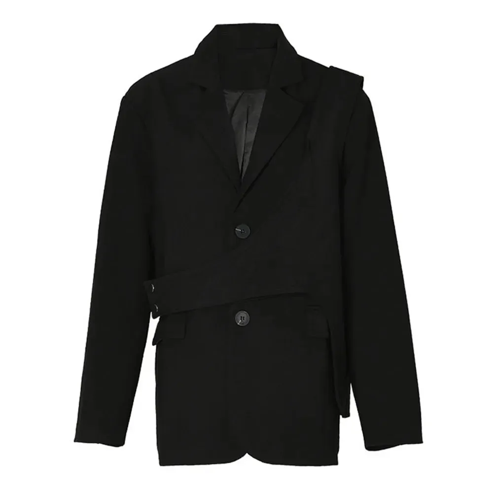 Asymmetrical Solid Blazers For Women Notched Collar Long Sleeve Patchwork Button Loose Casual Blazer Female Fashion