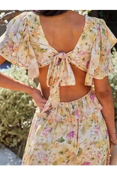 Backless Ruffled Floral V-Neck Dress