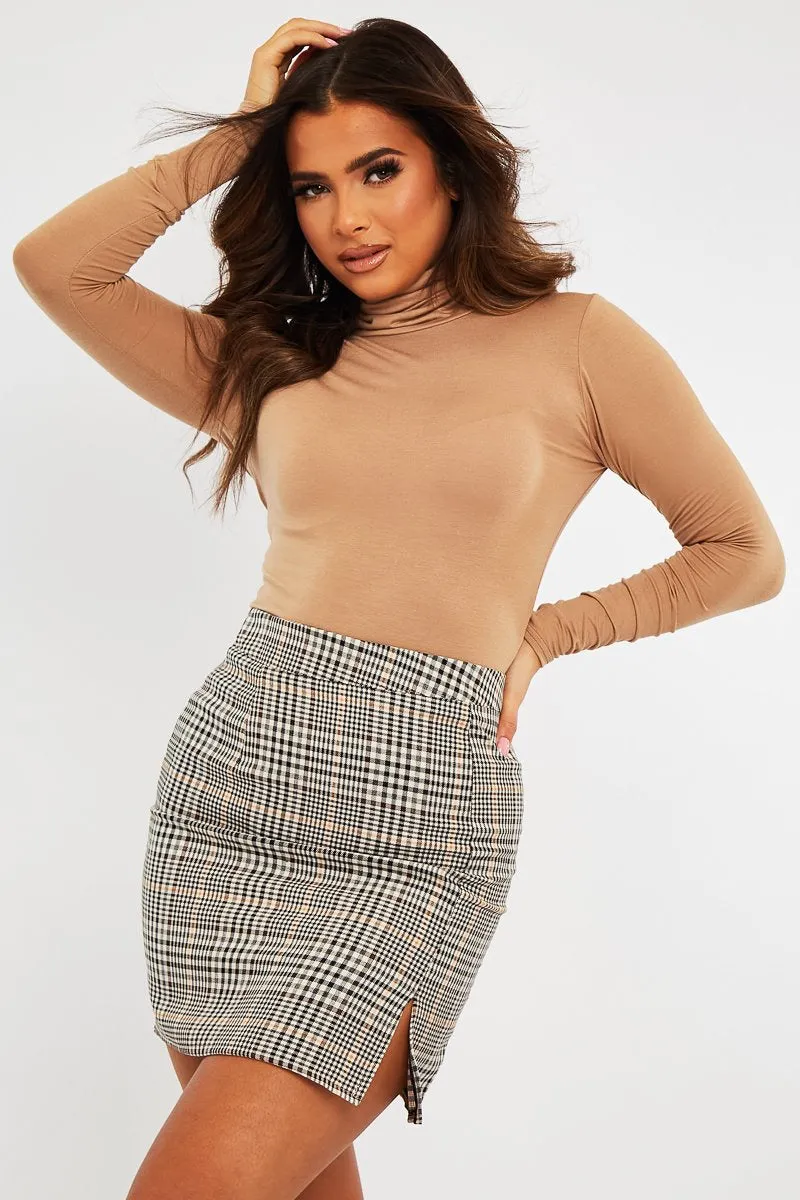 Beige Check Side Split Mini Skirt - Clare