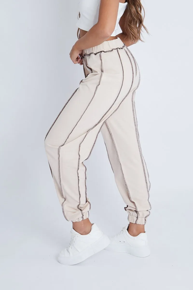 Beige Contrast Stitch Joggers - Roaa