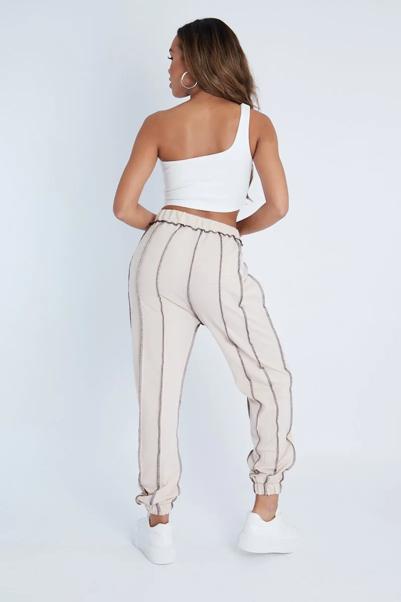 Beige Contrast Stitch Joggers - Roaa