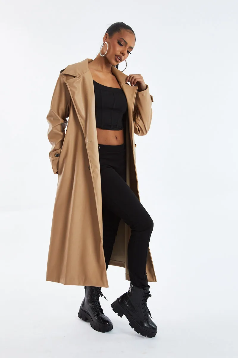 Beige Faux Leather Oversized Double Breasted Trench Coat- Xia