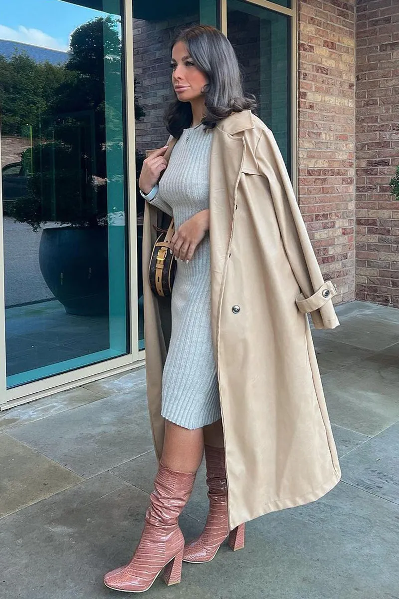 Beige Faux Leather Oversized Double Breasted Trench Coat- Xia