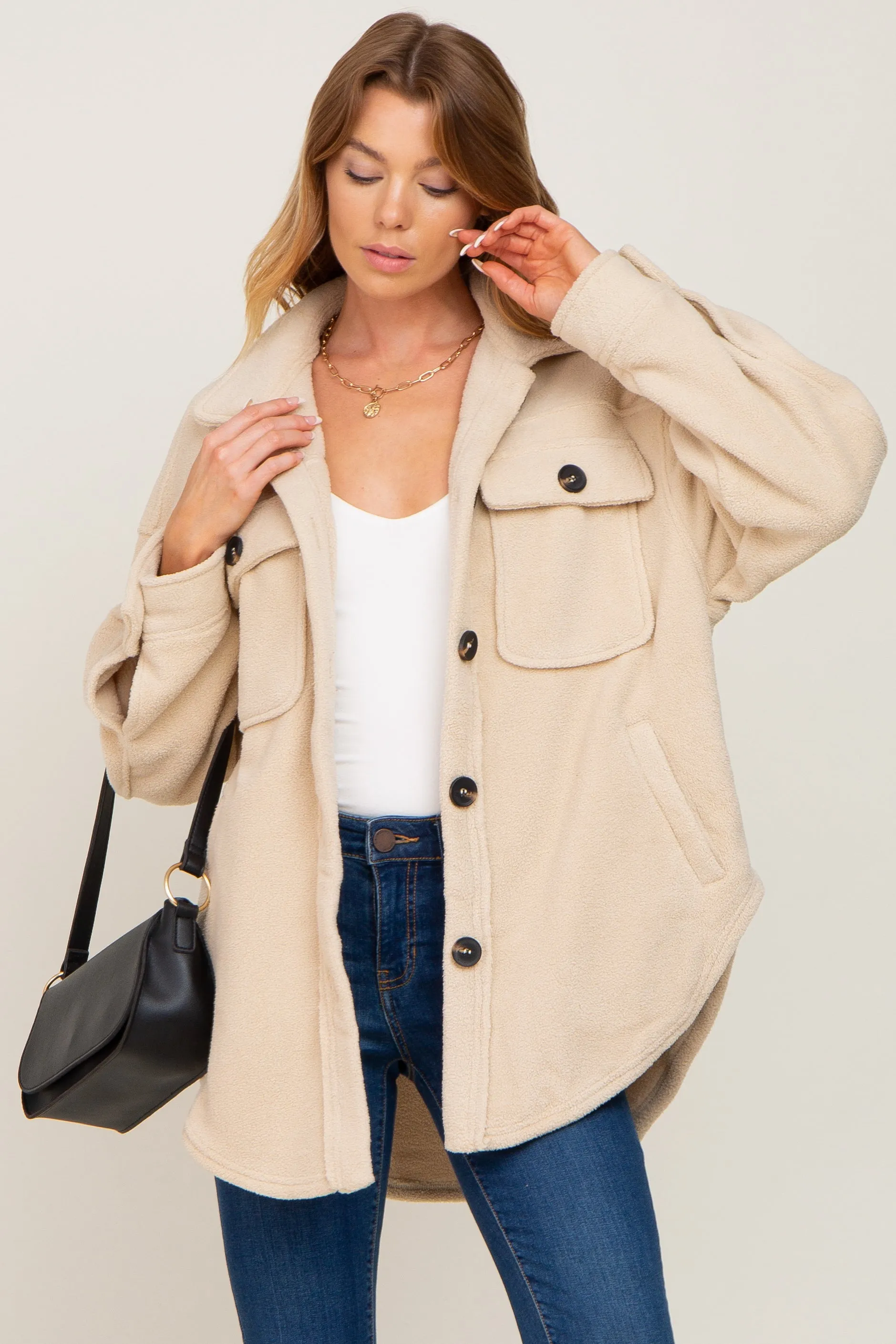 Beige Fleece Maternity Shirt Jacket