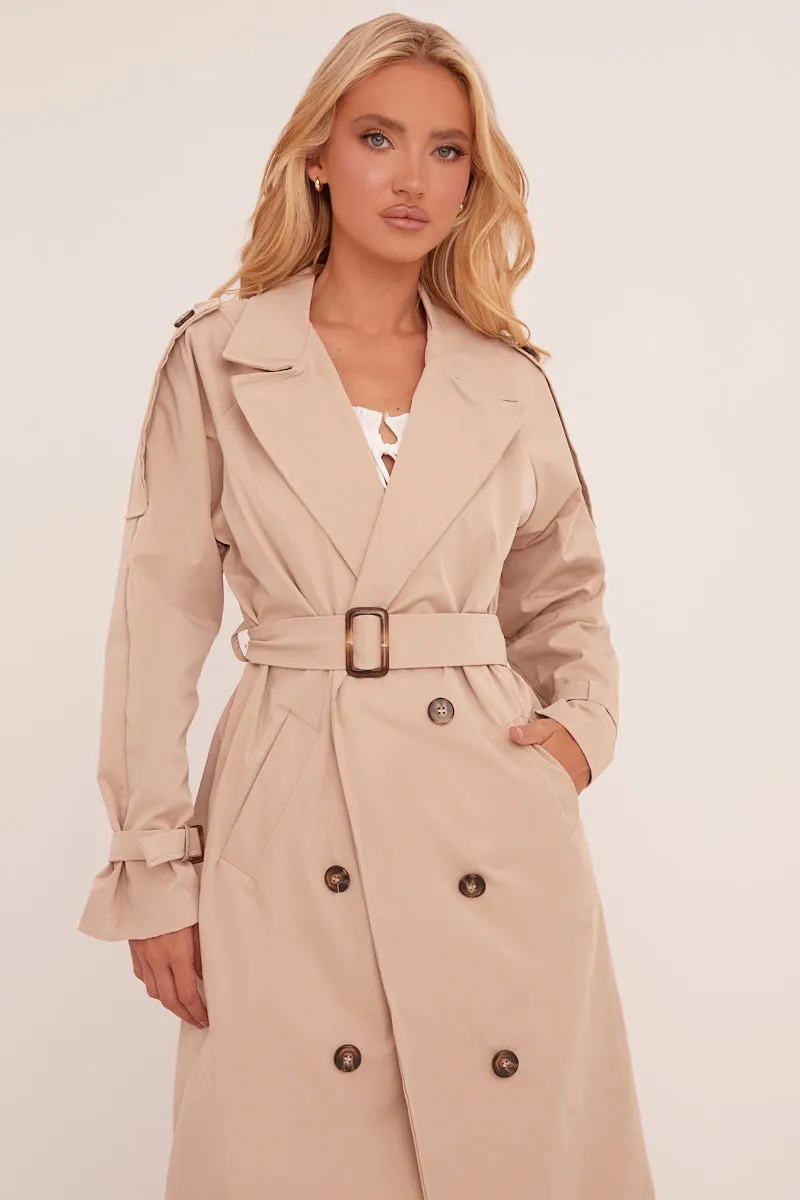 Beige Longline Belt Detail Button Front Trench Coat - Melony