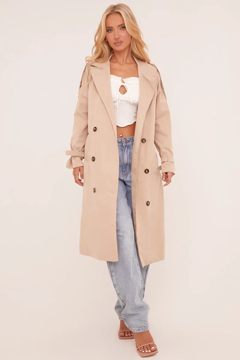 Beige Longline Belt Detail Button Front Trench Coat - Melony