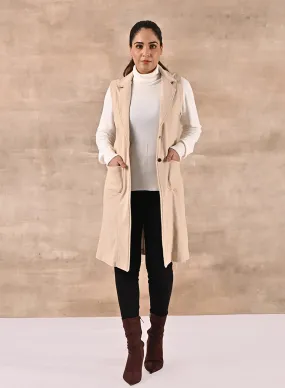 Beige Sleeveless Trench Coat with Notch Collar