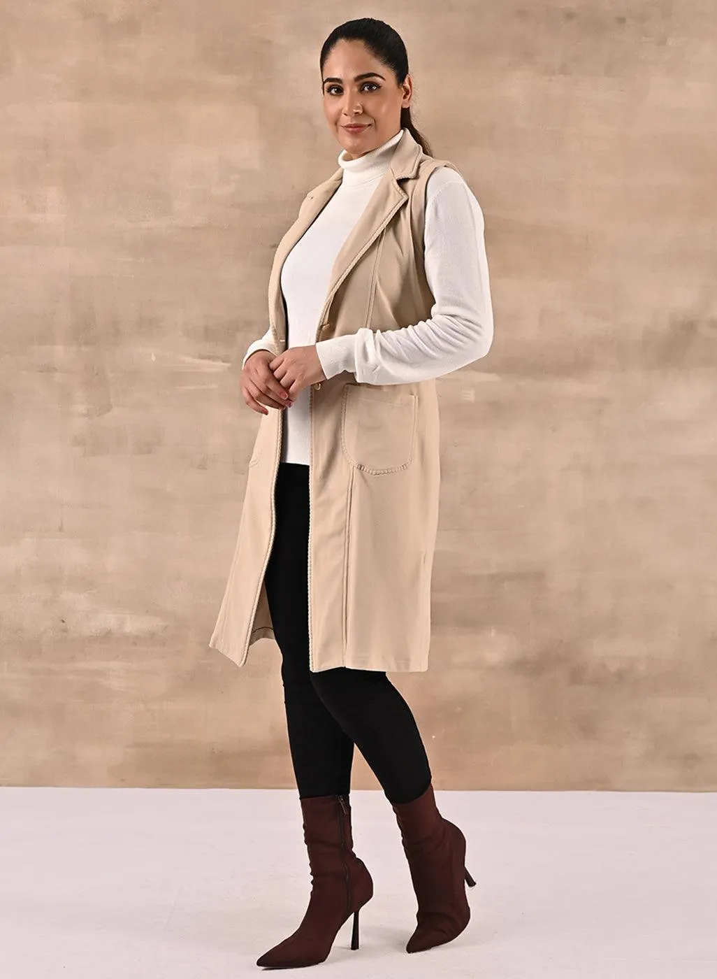 Beige Sleeveless Trench Coat with Notch Collar