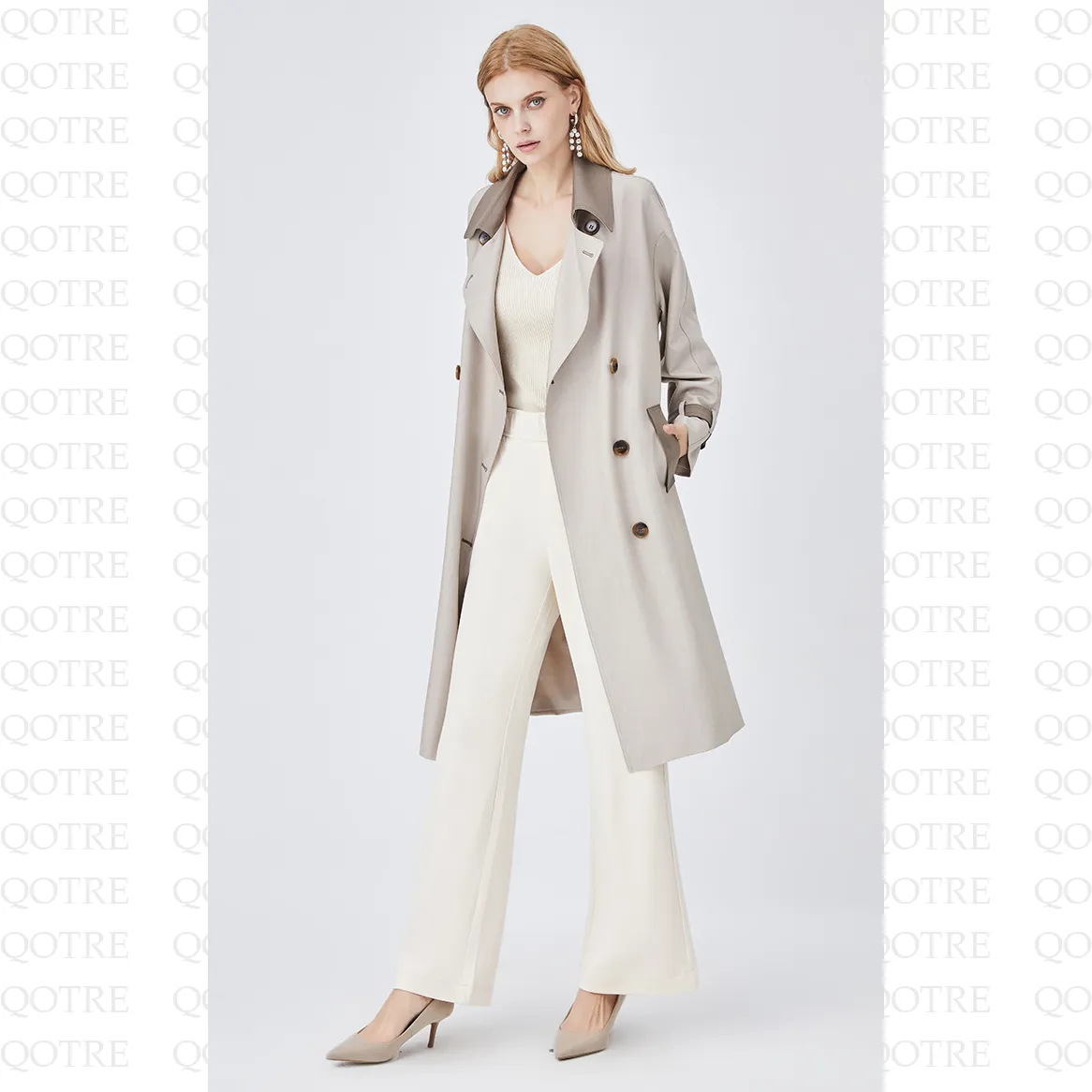 Belted Color Clash Knee-Length Trench Coat