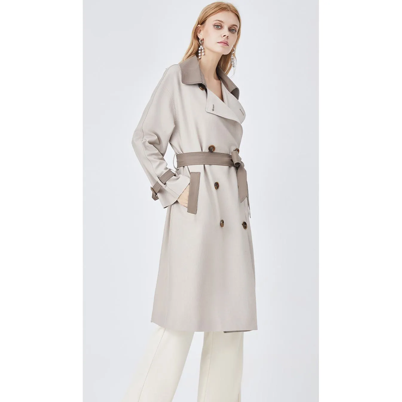 Belted Color Clash Knee-Length Trench Coat