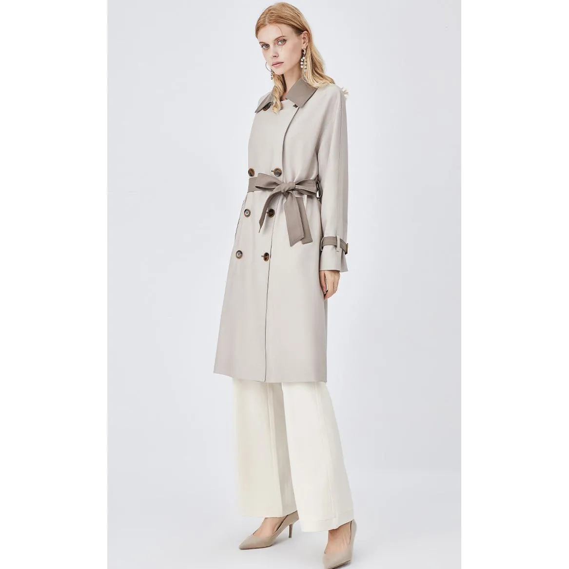 Belted Color Clash Knee-Length Trench Coat