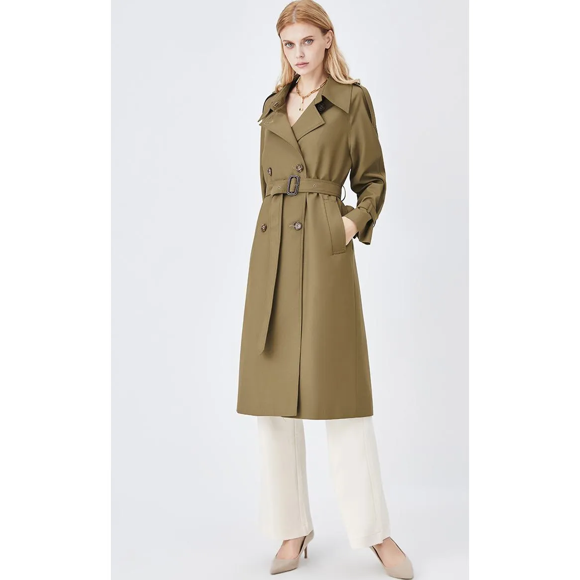 Belted Windproof Calf-Length Trench Coat