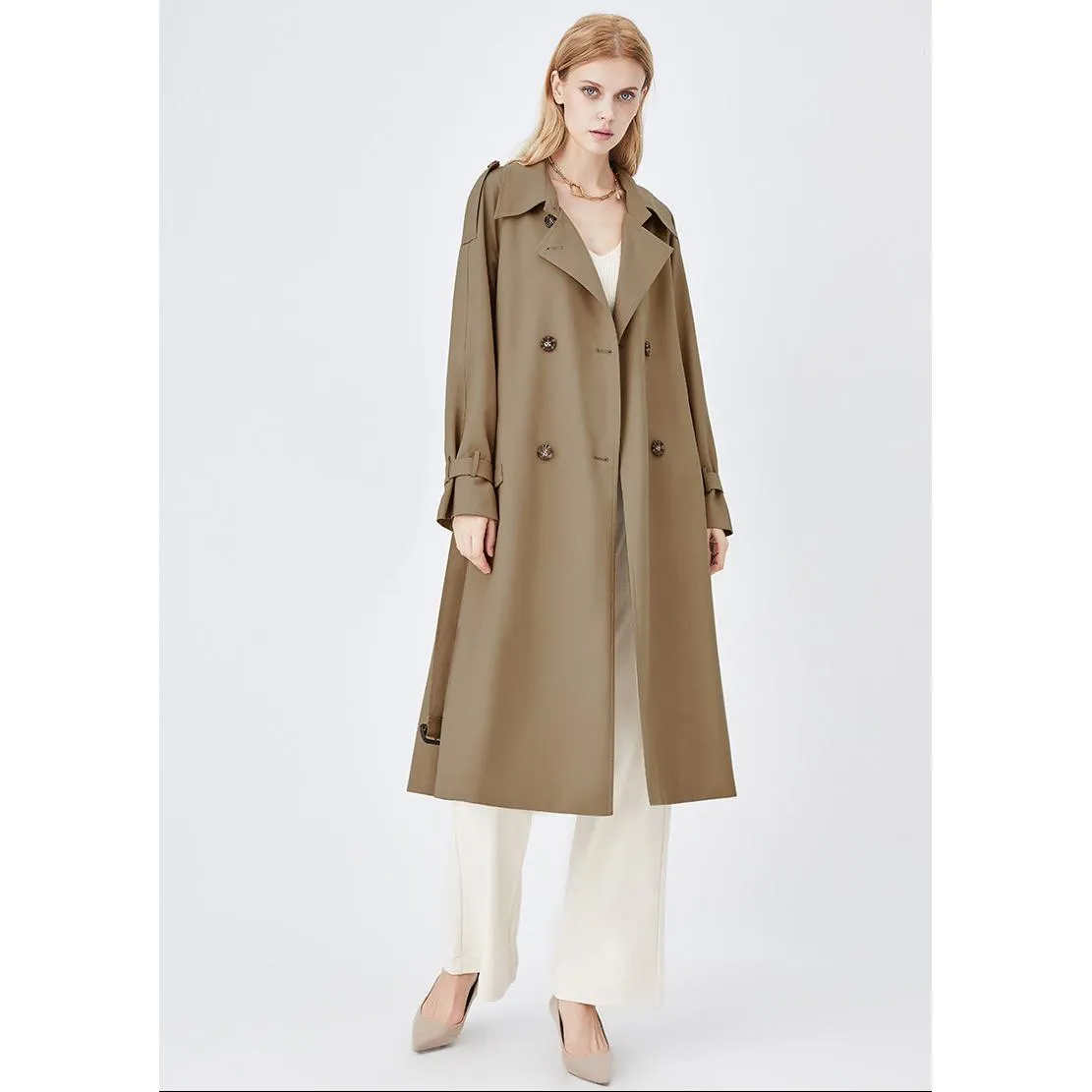 Belted Windproof Calf-Length Trench Coat