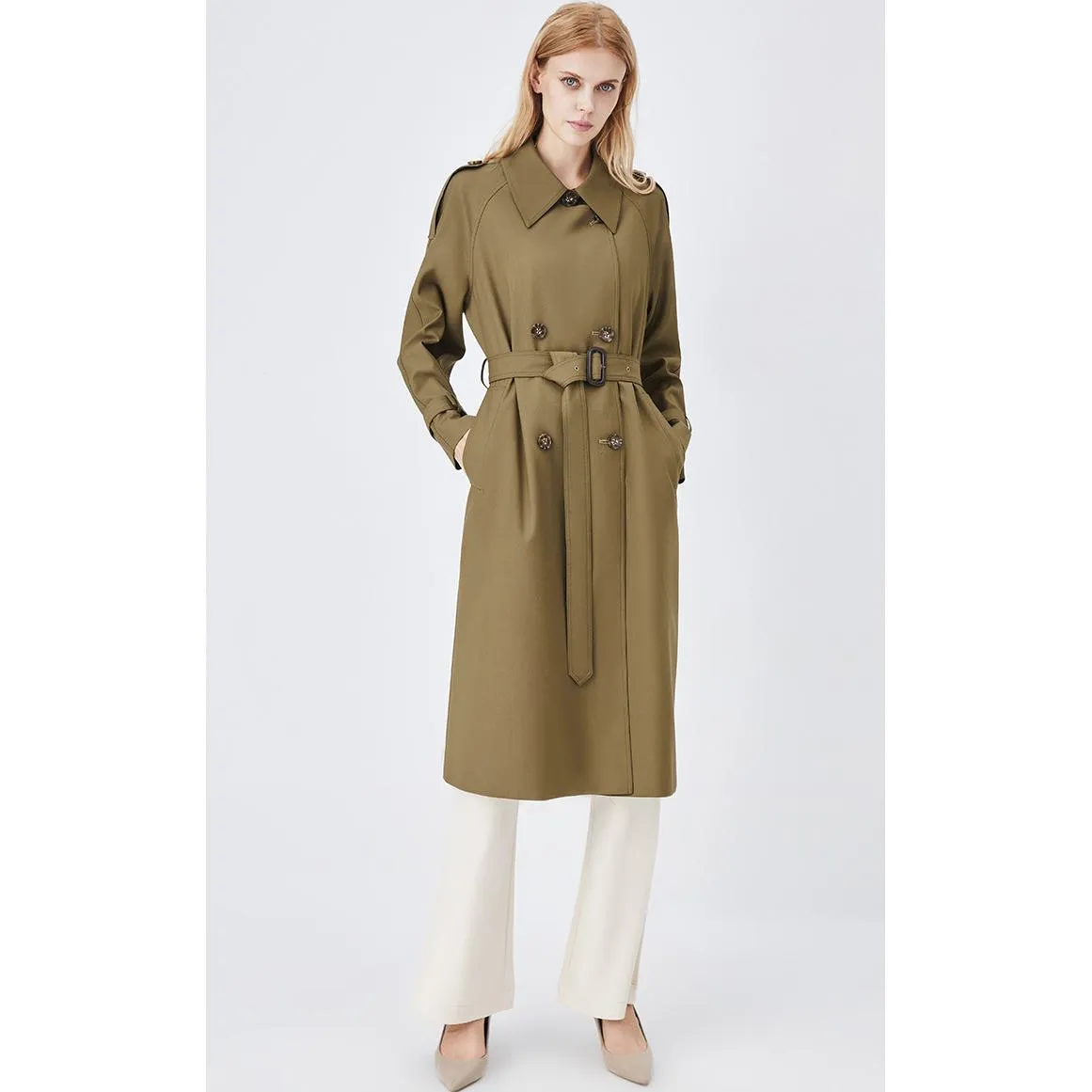 Belted Windproof Calf-Length Trench Coat