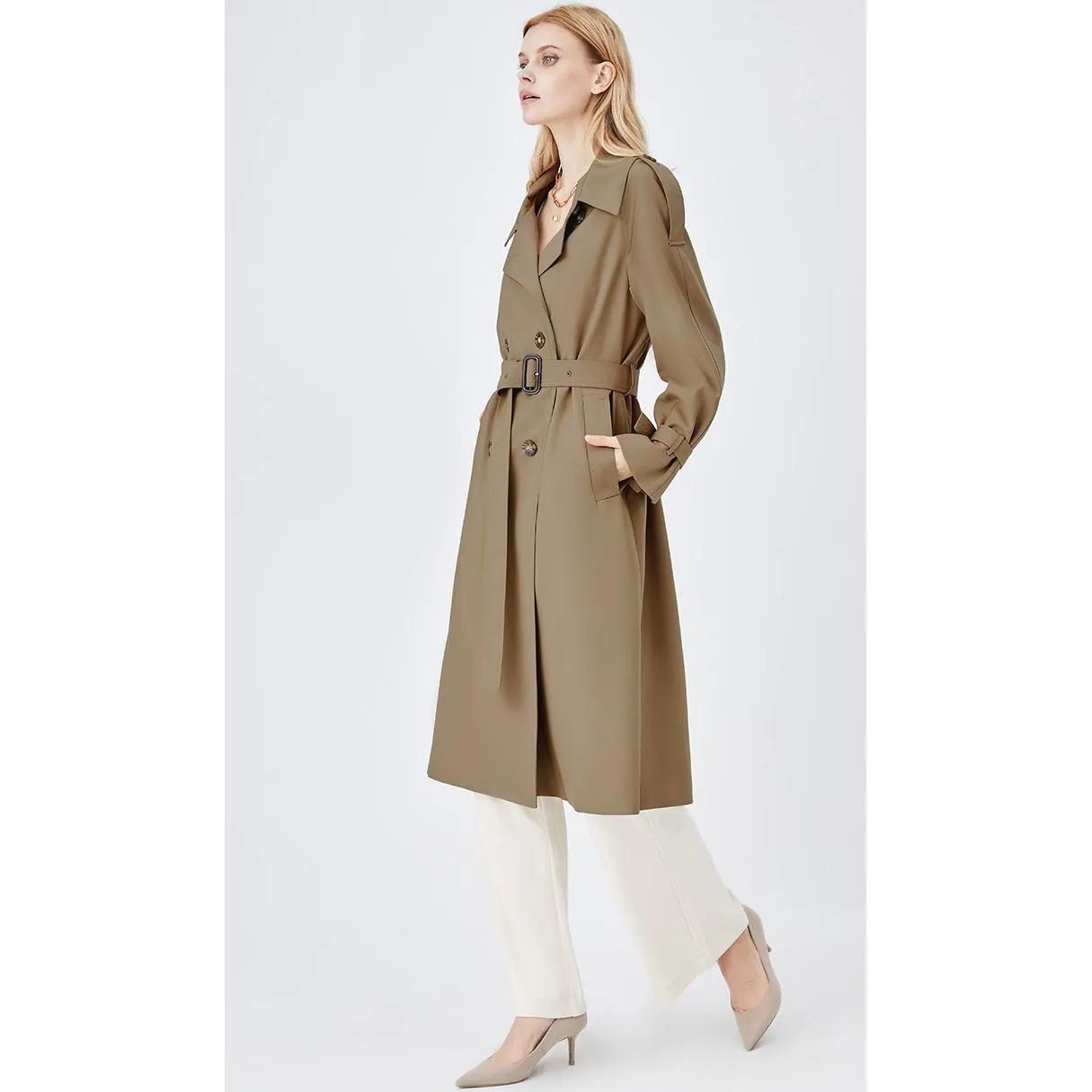 Belted Windproof Calf-Length Trench Coat